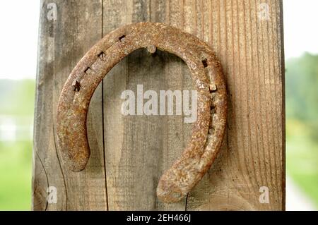 Close up of an horseshoe (clout) hanged on an wooden pillar. Stock Photo