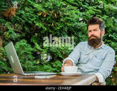 Guy drinks coffee relaxing terrace green branches background. Pleasant moment. Take moment to think. Break to relax. Man bearded hipster make pause for drink coffee and think while sit with laptop. Stock Photo