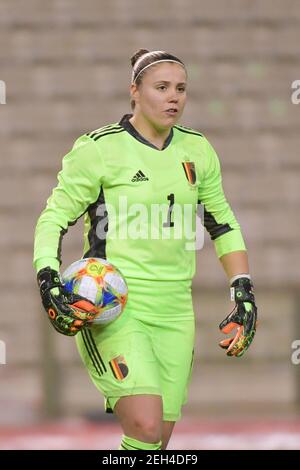 Brussels, Belgium. 18th Feb, 2021. goalkeeper Justien Odeurs (1) of Belgium pictured during a friendly female soccer game between the national teams of Belgium, called the Red Flames and The Netherlands, called the Oranje Leeuwinnen in a pre - bid tournament called Three Nations One Goal with the national teams from Belgium, The Netherlands and Germany towards a bid for the hosting of the 2027 FIFA Women's World Cup, on Thursday 18 th of February 2021 in Brussels, Belgium . PHOTO SPORTPIX.BE | SPP | DIRK VUYLSTEKE Credit: SPP Sport Press Photo. /Alamy Live News Stock Photo