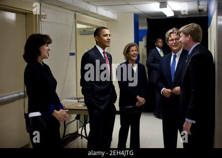 President Barack Obama talks with Vicki Kennedy, widow of Senator Ted Kennedy, and the Senator's children, from right, Rep. Patrick Kennedy, Teddy Kennedy, Jr. and Kara Kennedy, prior to an event celebrating the Edward M. Kennedy Institute for the United States Senate at the Ritz-Carlton Hotel, in Washington, D.C., Oct. 14, 2009. Stock Photo