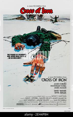 Cross of Iron (1977) directed by Sam Peckinpah and starring James Coburn, Maximilian Schell and James Mason. Violent anti-war classic about a German commander attempts to unjustly be awarded a medal and places a squad in extreme danger to cover up his fraud. Stock Photo