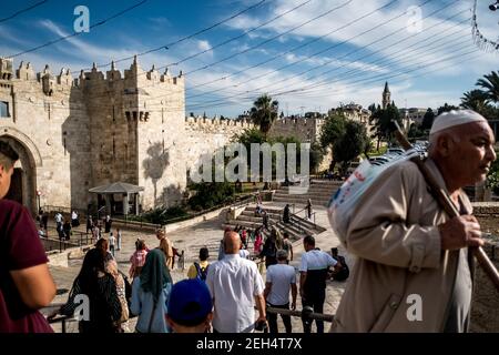 View of the Damascus Gate, the oldest in the old city. It leads to the Muslim quarter. May 16, 2018. Jerusalem. Israel, Palestine Stock Photo