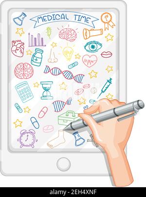 Hand drawing medical science element doodle on tablet illustration Stock Vector