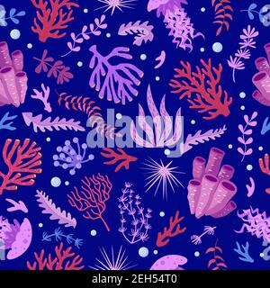 Seamless pattern with marine fauna - corals, jellyfish, sea anemones, seaweed, sea urchin, bubbles. Vector illustration hand drawn style for fabrics, wallpaper, wrapping paper Stock Vector