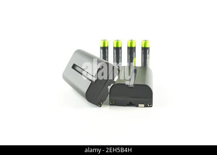 Two NP-F type rechargeable batteries isolated on a white background, electronics and camera equipment Stock Photo