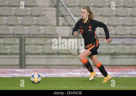 Brussels, Belgium. 18th Feb, 2021. Victoria Pelova (12) of The Netherlands pictured during a friendly female soccer game between the national teams of Belgium, called the Red Flames and The Netherlands, called the Oranje Leeuwinnen in a pre - bid tournament called Three Nations One Goal with the national teams from Belgium, The Netherlands and Germany towards a bid for the hosting of the 2027 FIFA Women's World Cup, on Thursday 18 th of February 2021 in Brussels, Belgium . PHOTO SPORTPIX.BE | SPP | DIRK VUYLSTEKE Credit: SPP Sport Press Photo. /Alamy Live News Stock Photo