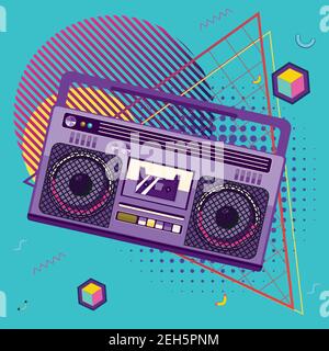 Funky 80s portable radio cassette player, a boombox with geometric shapes design. Stock Vector