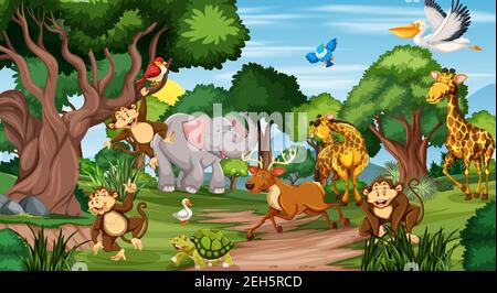 Many different animals in the forest scene illustration Stock Vector