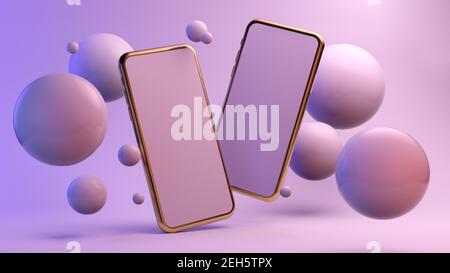 Two smartphones floating surrounded by spheres 3d rendering mock up Stock Photo