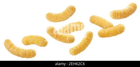 Falling sweet corn sticks isolated on white background Stock Photo