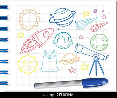 Set of space element doodle on notebook illustration Stock Vector