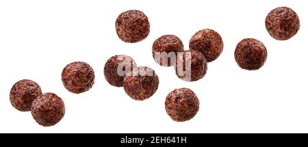 Falling chocolate corn balls isolated on white background Stock Photo