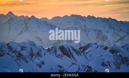 Winter sunset from the Pic du Midi de Bigorre observatory (Midi-Pyrénées, Pyrenees, France) Stock Photo