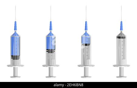 Set of 4 syringes with different filled of vaccine. Full, 2 various of half full and empty syringes. Vaccination against covid-19. Vector illustration Stock Vector