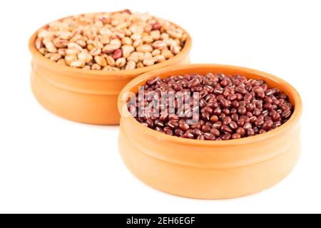 Borlotti and adzuki beans in the ceramic pots isolated on a white background. Stock Photo