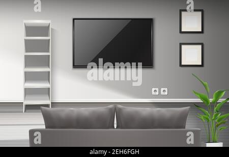 realistic vector interior of living room with gray couch and TV screenplay, blank paintings and book shelves . Stock Vector
