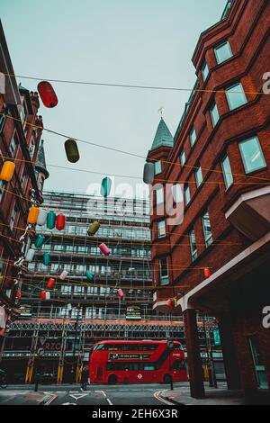 London UK January 2021 London's China town district area empty during UKs national lockdown, lanterns hanging from wires on a cold winter day Stock Photo