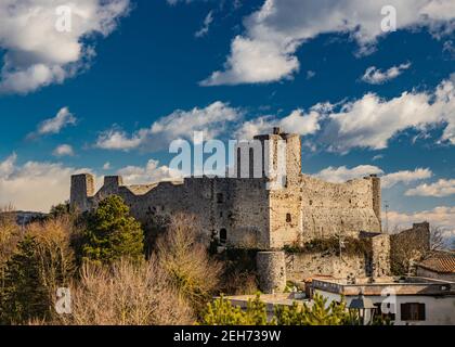 The small medieval village of Castel San Pietro Romano, Lazio, province of Rome, Palestrina. The remains of the ancient medieval castle, with its towe Stock Photo