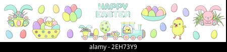 Set of Happy Easter design elements - painted eggs, chicken, rabbit, train, flower, grass with sign. Stock vector illustration in cartoon flat style. Stock Vector