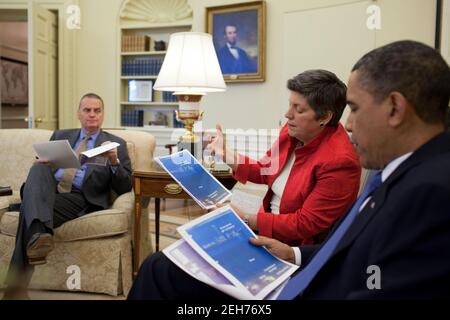 President Barack Obama meets with Homeland Security Secretary Janet Napolitano and senior administration officials, including National Security Advisor Gen. James Jones, left,  in the Oval Office, regarding the situation in the Gulf of Mexico, April 29, 2010. Stock Photo