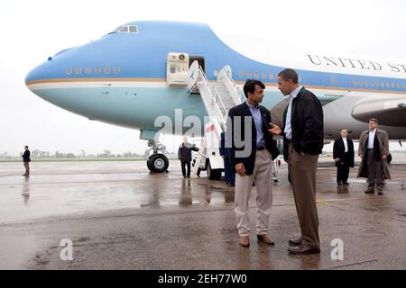 President Barack Obama talks with Louisiana Gov. Bobby Jindal after arriving at Louis Armstrong International Airport in New Orleans, La., Sunday, May 2, 2010. Stock Photo