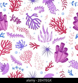 Seamless pattern with marine fauna - corals, jellyfish, sea anemones, seaweed, sea urchin, bubbles. Vector illustration hand drawn style for fabrics, wallpaper, wrapping paper. Stock Vector