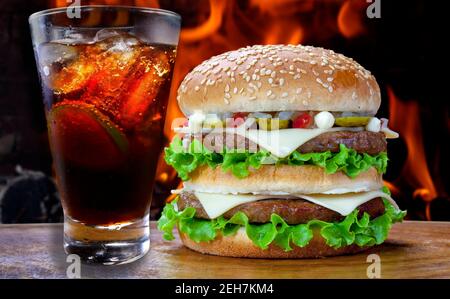 Double hamburger with soda cola Stock Photo