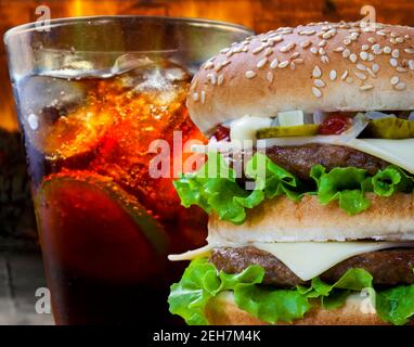 Double hamburger with soda cola Stock Photo