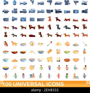 100 universal icons set. Cartoon illustration of 100 universal icons vector set isolated on white background Stock Vector