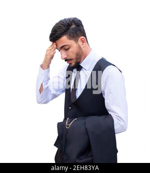 A businessman who suffers from headaches from financial and psychological problems at work, so he need some rest and whoever helps him at work Stock Photo