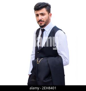 A businessman who suffers from headaches from financial and psychological problems at work, so he need some rest and whoever helps him at work Stock Photo