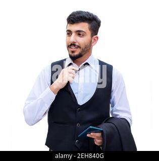 A businessman who suffers from headaches from financial and psychological problems at work, so he need some rest and whoever helps him at work Stock Photo