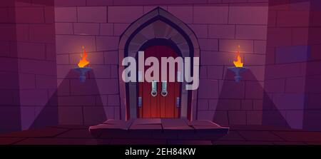 Wood door in medieval castle. Old gate in stone wall with flaming torches at night. Vector cartoon illustration of entrance to dungeon, prison or fortress. Wooden double doors with round knob knock Stock Vector