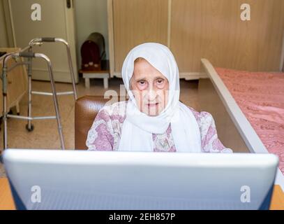 Old woman using laptop for working and communicating Stock Photo