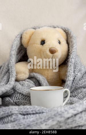 A white teddy bear is wrapped in scarf, next to cup of hot chocolate with marshmallows in the garland lights Stock Photo