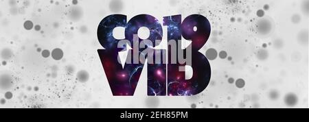 Purple violet color text COVID 19 title on grey background. Panoramic horizontal image. COVID coronavirus worldwide pandemic outbreak concept Stock Photo
