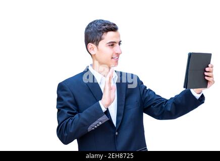 Arabic business man waving at video call Stock Photo