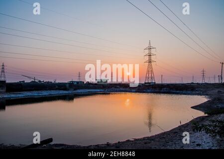 Various views of power pylons in Kutch Stock Photo