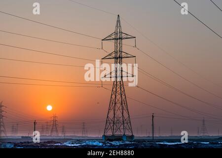 Various views of power pylons in Kutch Stock Photo