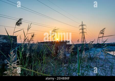 Various views of power pylons in Kutch Stock Photo