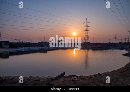 Various views of power pylons in Kutch Stock Photo