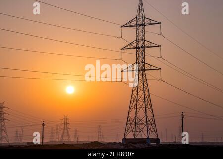 Various views of power pylons in Kutch Stock Photo