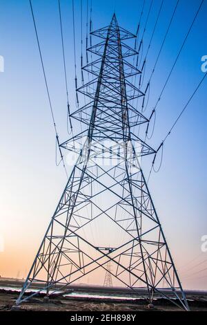 Various views of power pylons in Kutch Stock Photo