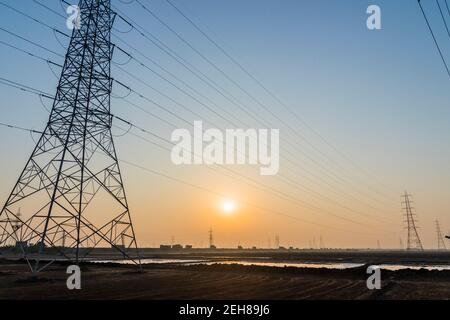 Various views of power pylons in Kutch Stock Photo