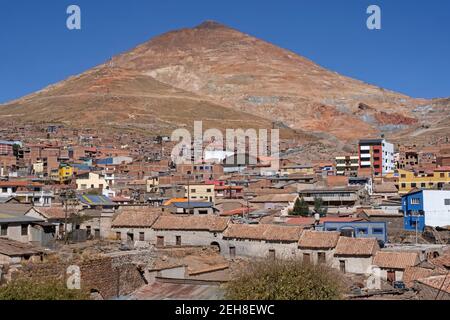 Suburb of the city Potosi at the foot of the Cerro de Potosi / Cerro Rico, world's largest silver deposit in the Andes, Tomás Frías Province, Bolivia Stock Photo