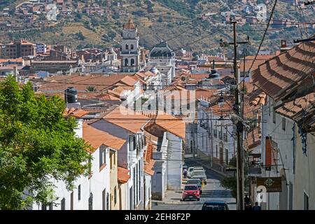 View over white houses and bell tower of the Metropolitan Cathedral in the capital city Sucre, Oropeza Province, Chuquisaca Department, Bolivia Stock Photo