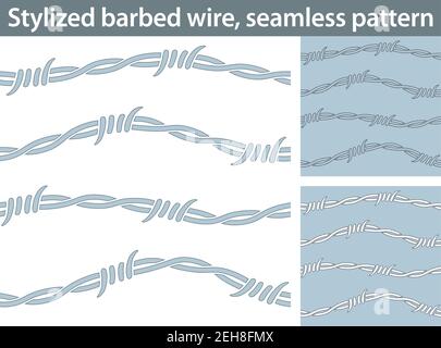 Three different versions of a seamless pattern with barbed wire: unfilled, with white and colored fill. Stock Vector
