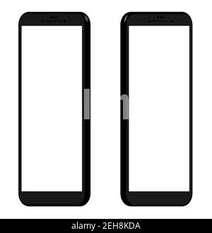 Two smartphone mockups in different 3d projections. Templates for UI design. Black on white background, white screens. Stock Vector