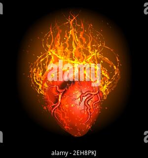 Burning Heart on black background. Vector illustration. Stock Vector