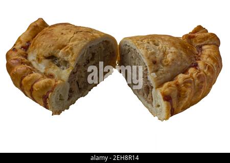 Cornish pasty cut in half, isolated on white background Stock Photo